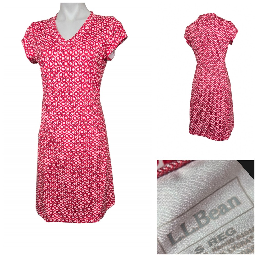 LL Bean Womens Red White Geometric Print V-Neck Short Sleeve Dress Small Regular